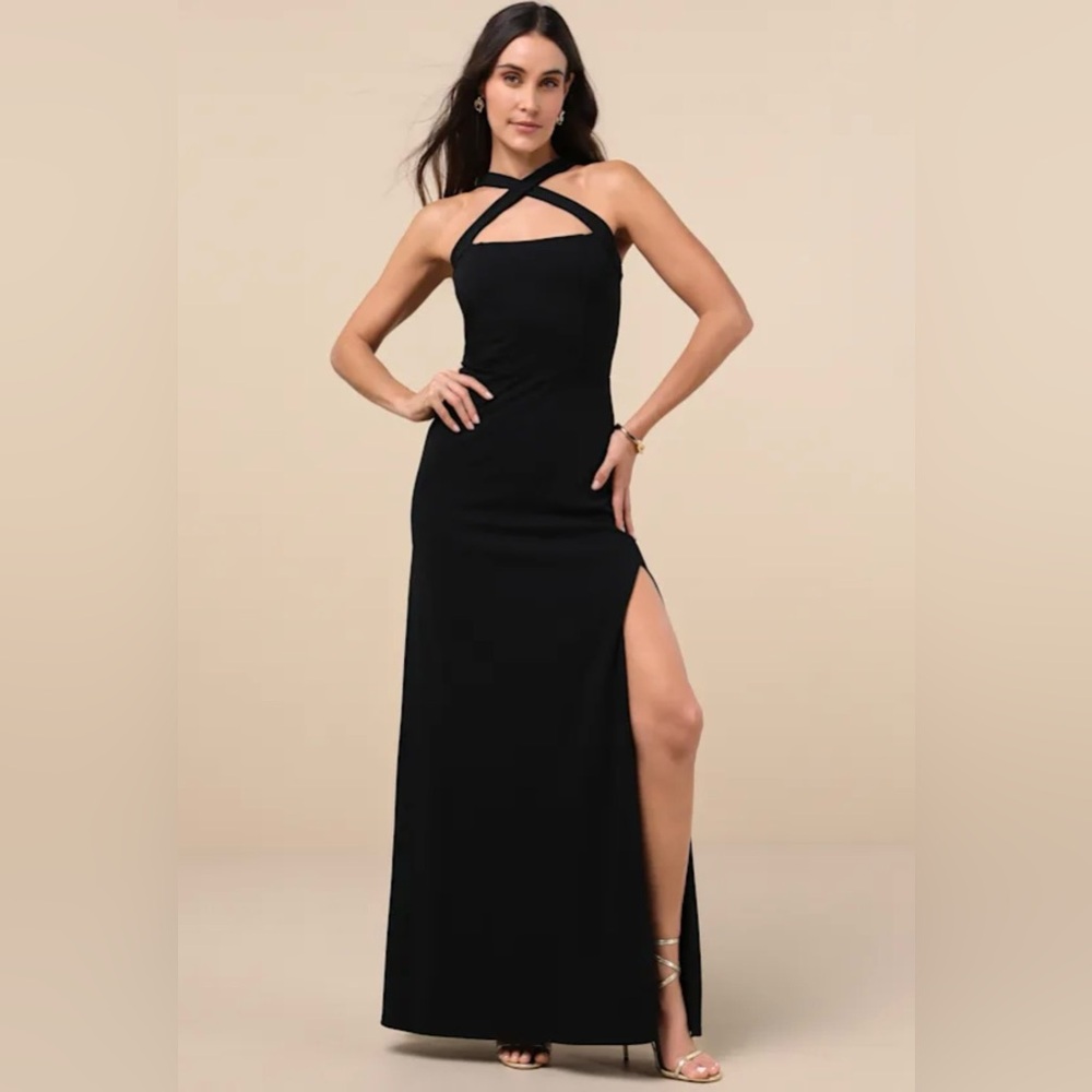 Lulus Perfectly Demure Black Backless Column Maxi Dress M NWT